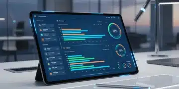 Futuristic tablet with stylus on a modern desk, displaying productivity software.