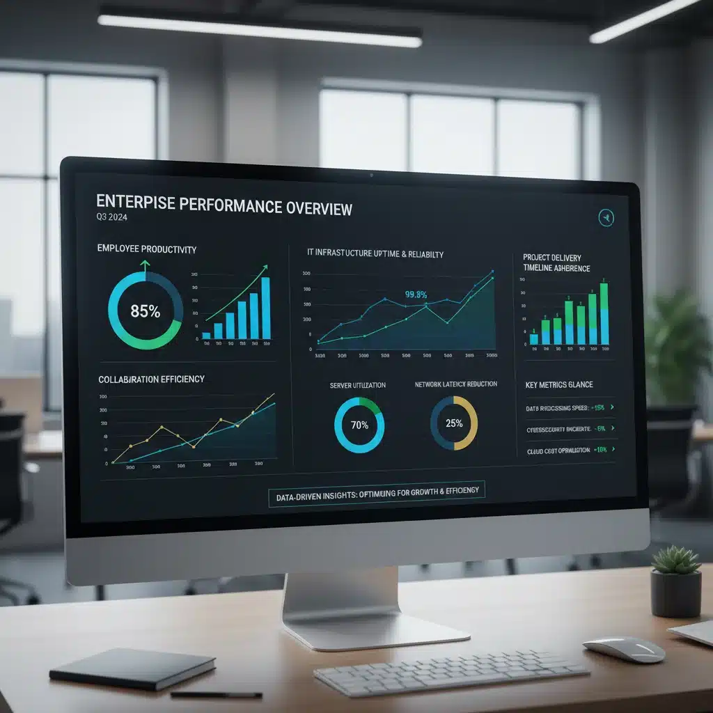 Dashboard displaying key performance indicators for remote work productivity and IT infrastructure efficiency.