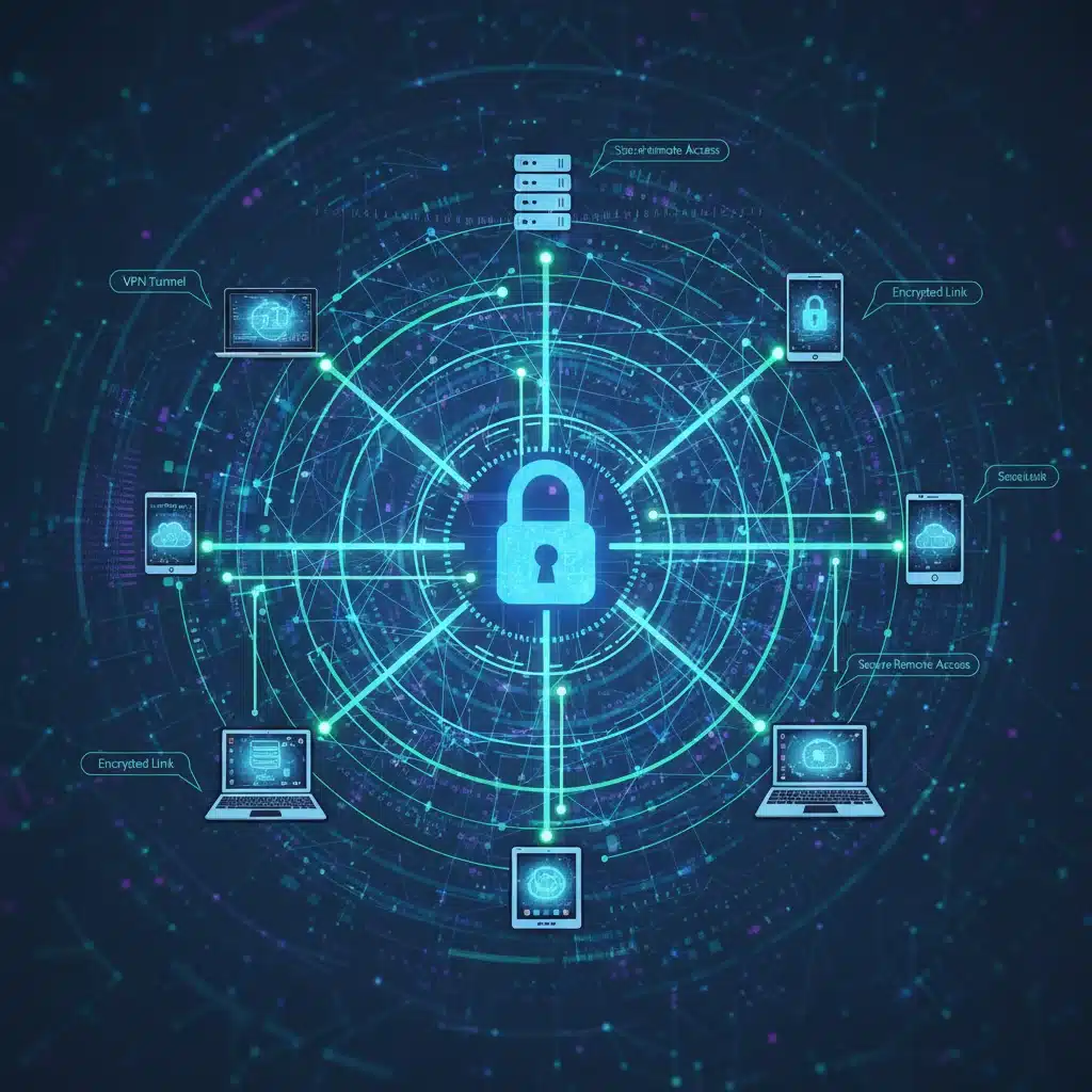 Secure remote network architecture with padlock icon, illustrating robust cybersecurity measures for businesses.