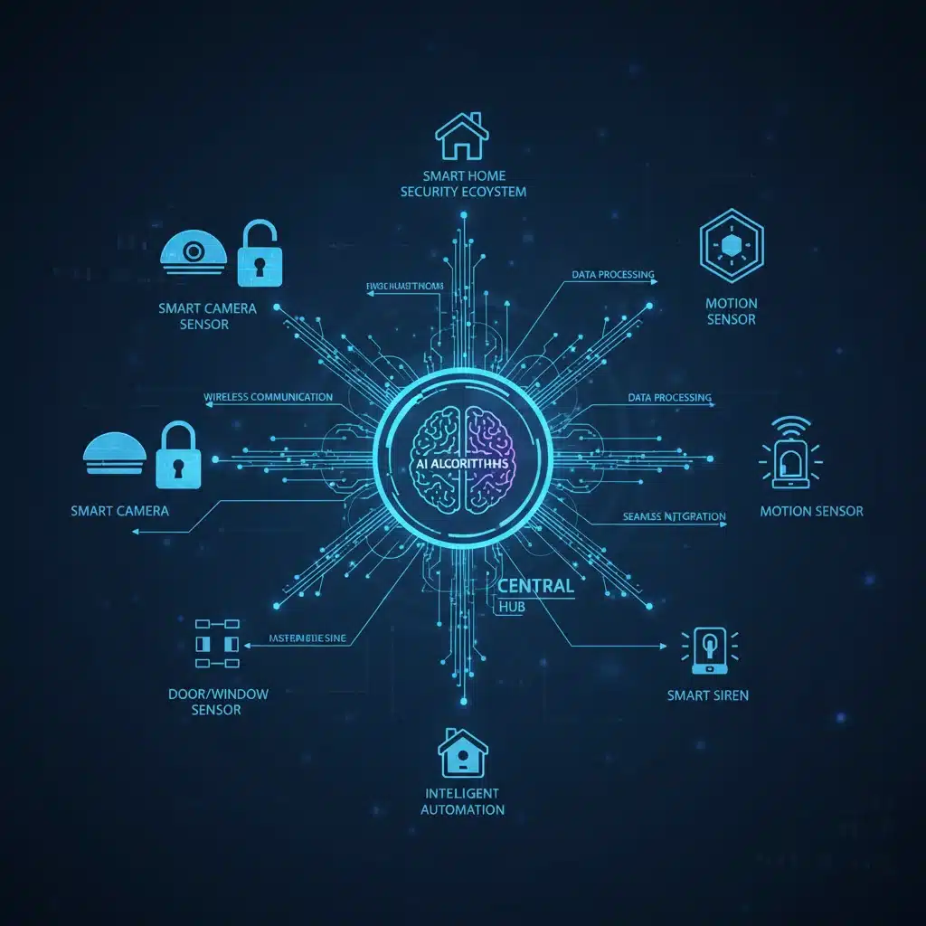 Diagram of interconnected smart home security system with AI integration