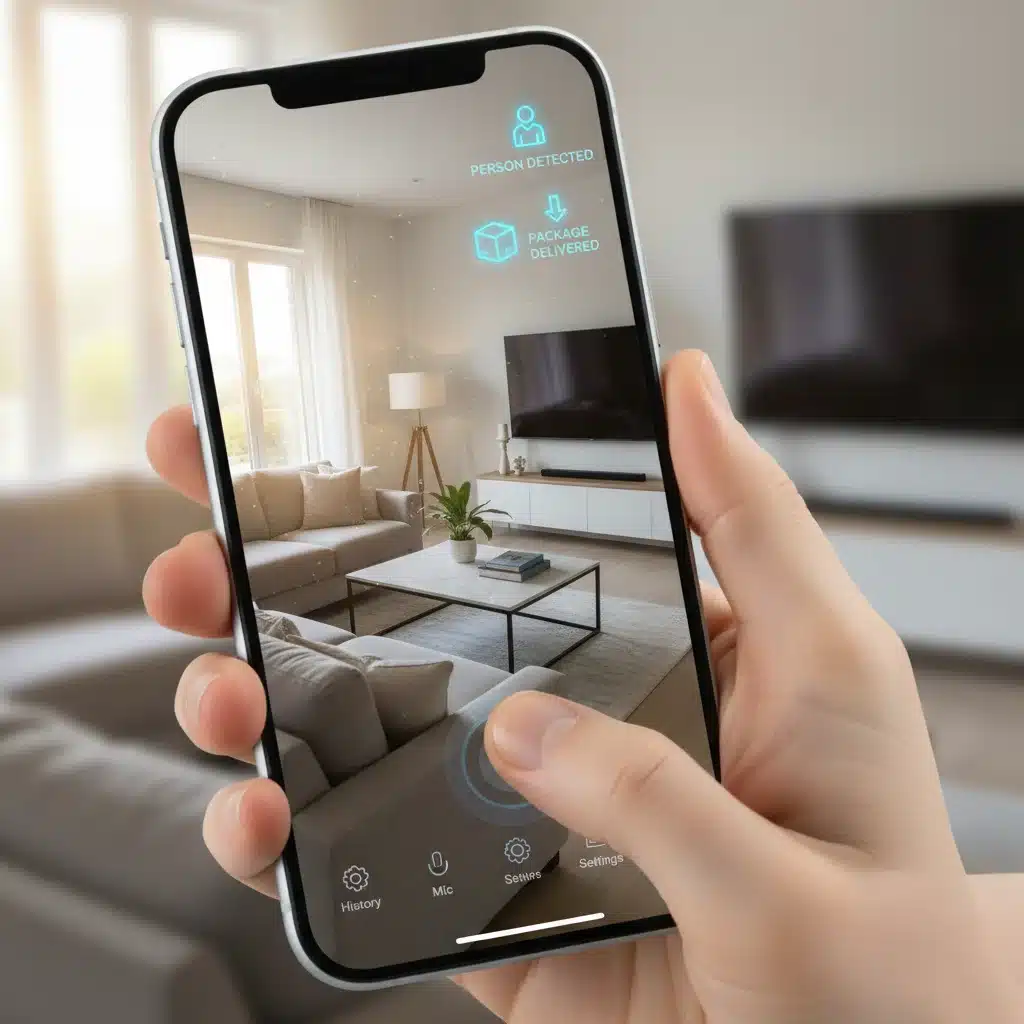 Smartphone displaying live feed from smart home security camera with AI alerts