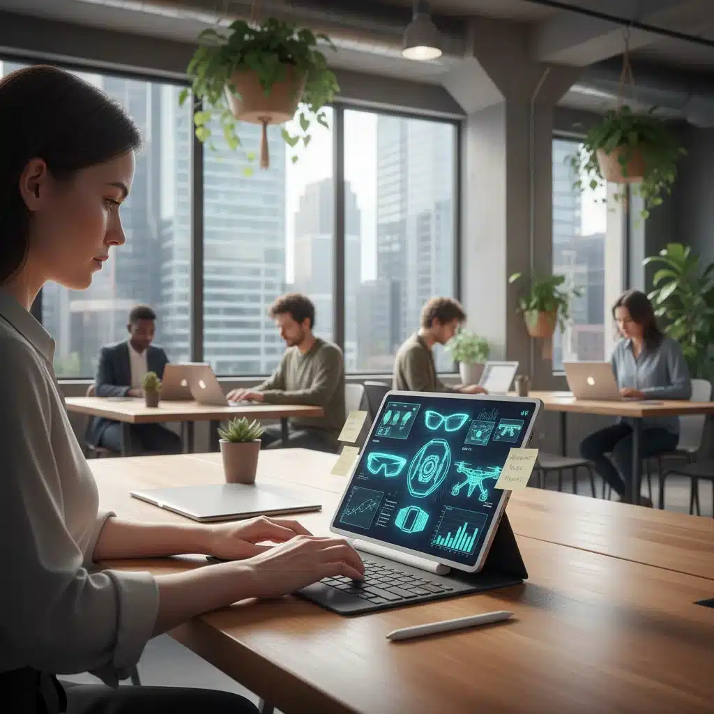 Professional working on a tablet with keyboard and stylus in a co-working space.