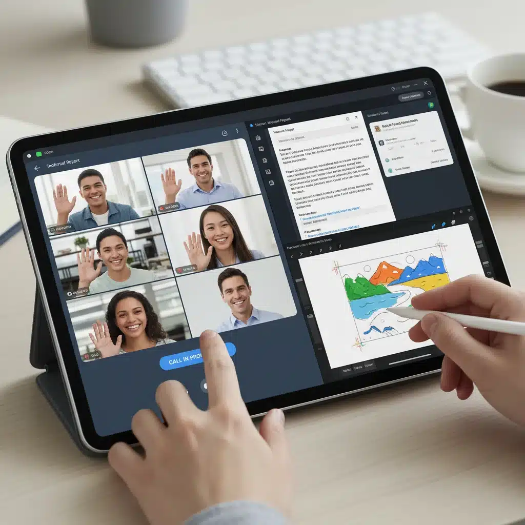 Tablet screen showing multiple productivity apps in multitasking mode.
