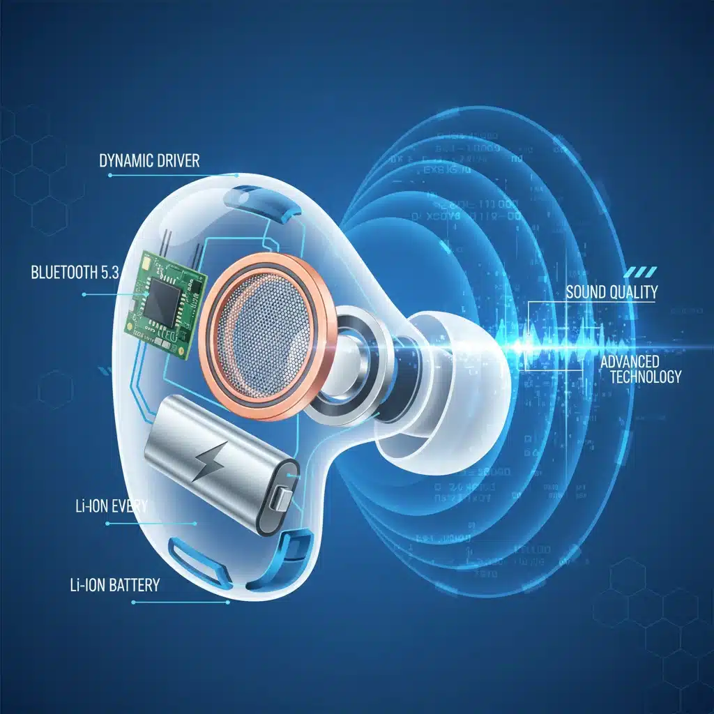 Diagram illustrating internal components of a wireless earbud and sound waves