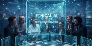 Professionals collaborating on ethical AI development with holographic data