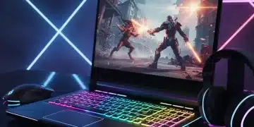 Futuristic gaming laptop displaying a vibrant game, highlighting performance and modern design.