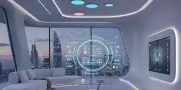 Futuristic smart home living room with integrated gadgets