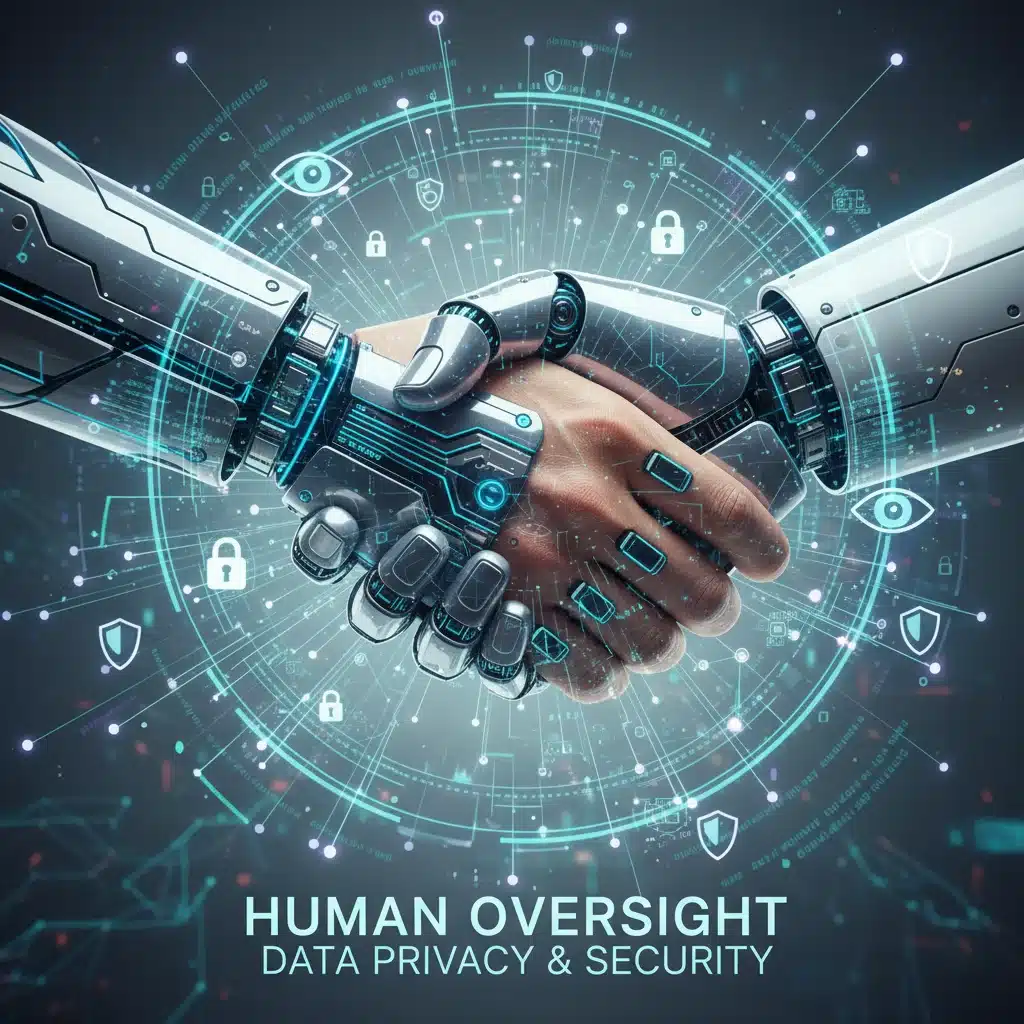 Human and robot hands shaking, symbolizing ethical AI and data privacy
