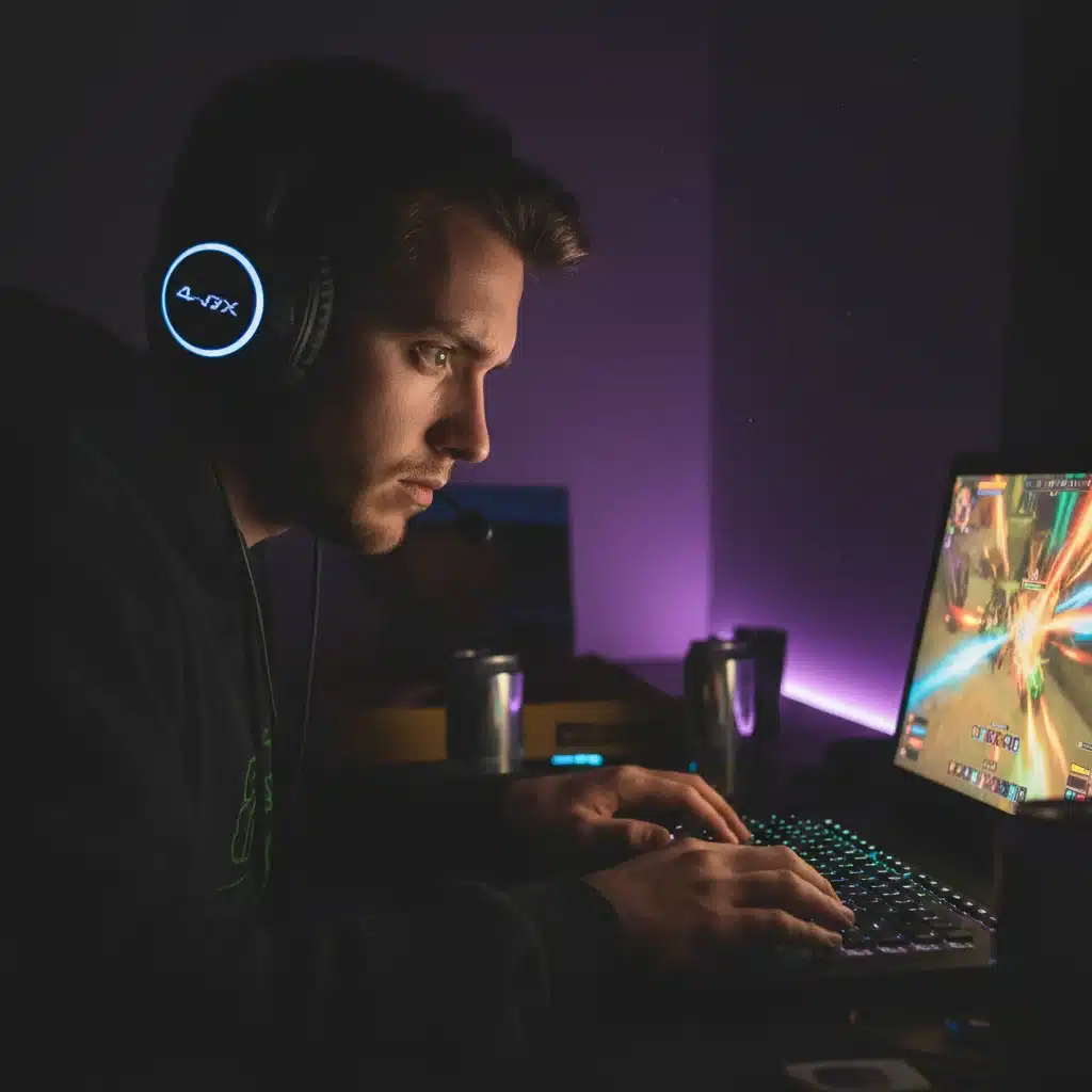Gamer immersed in vivid laptop screen graphics with gaming headset on.