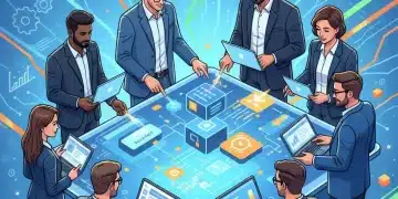 Professionals collaborating on a low-code no-code platform for rapid software development