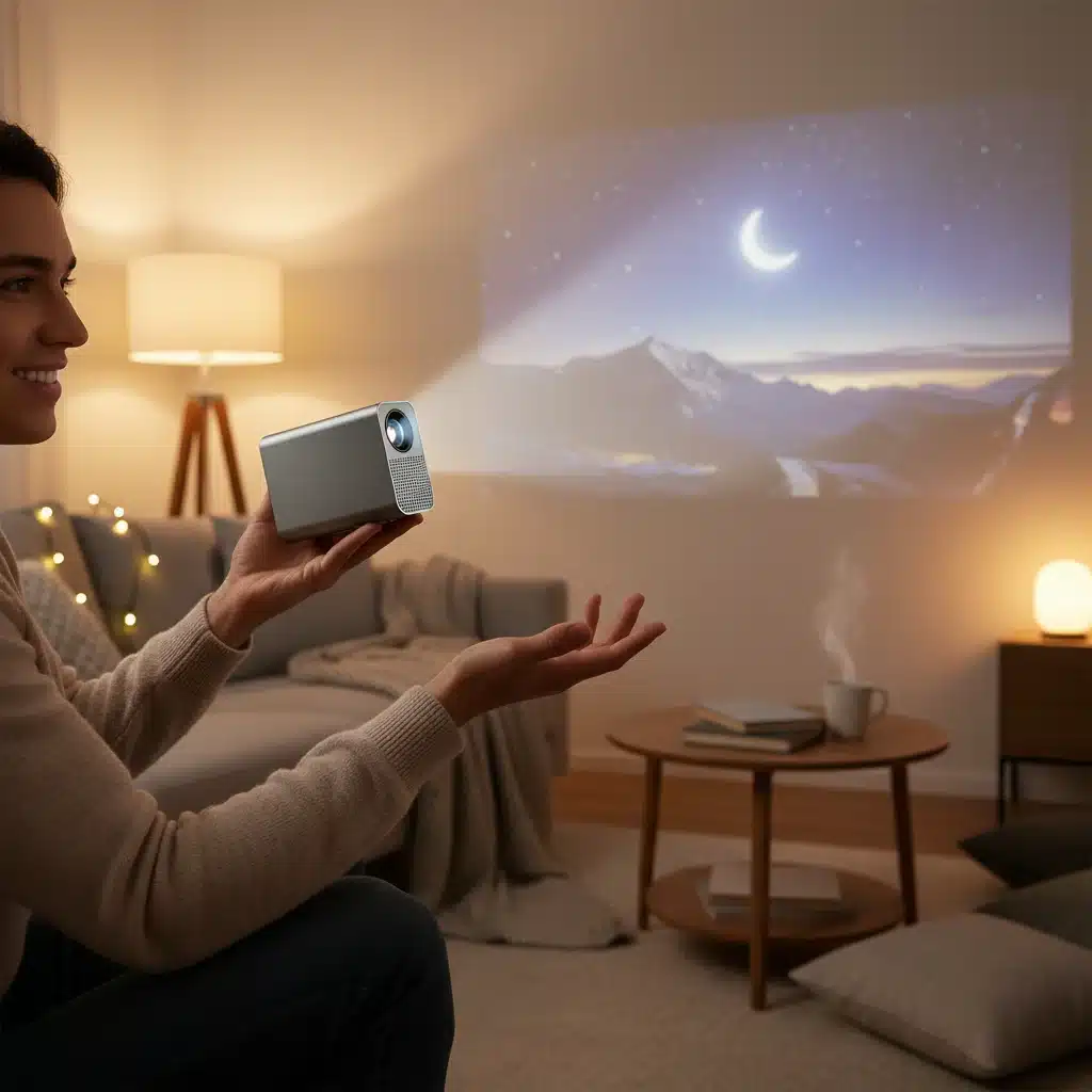 Person demonstrating a palm-sized portable projector