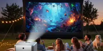 Portable projector displaying outdoor movie night scene