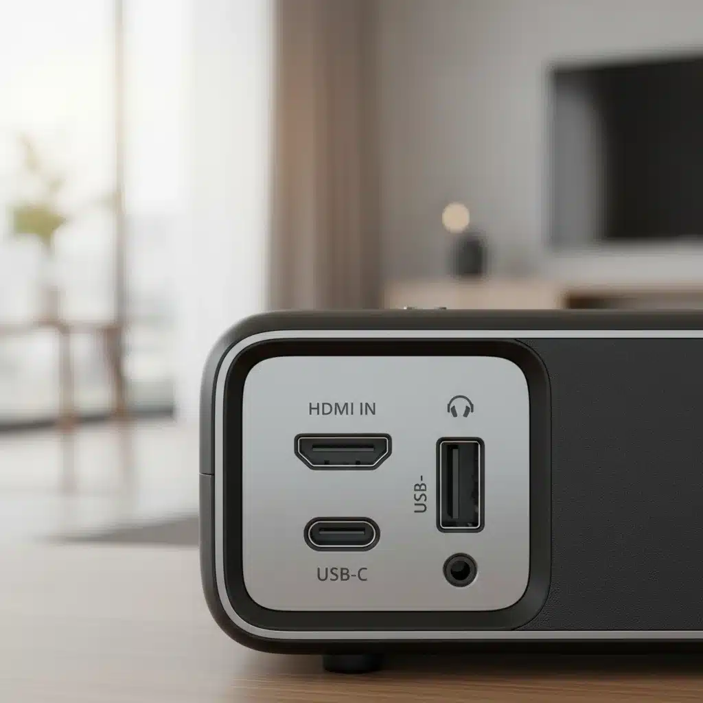 Portable projector showing various connectivity ports