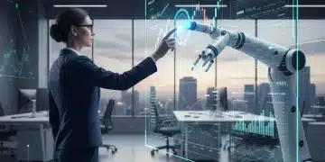 Robotic Process Automation transforming finance operations, showing a robot arm and financial data.