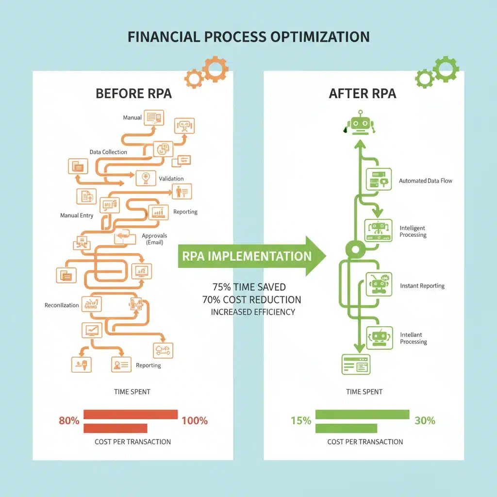 Infographic illustrating financial process optimization and cost reduction with RPA.