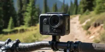 Rugged action camera mounted on a mountain bike on a scenic trail, ready for adventure.