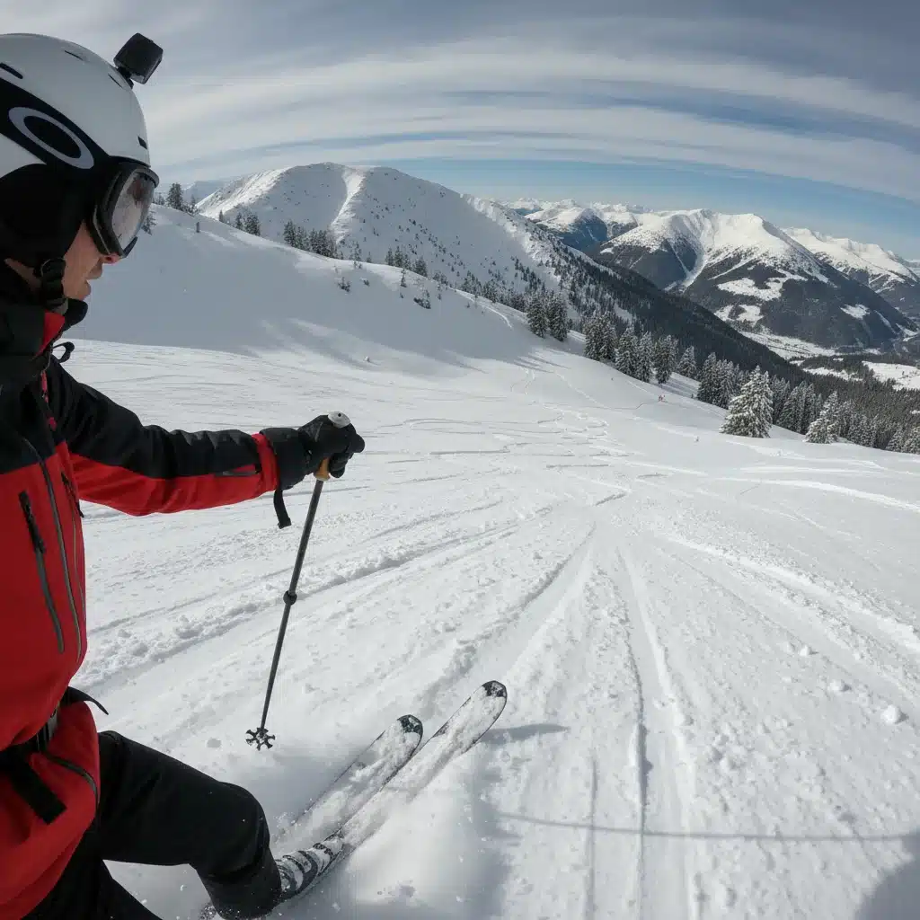 Skier with helmet-mounted action camera capturing snowy mountain descent.
