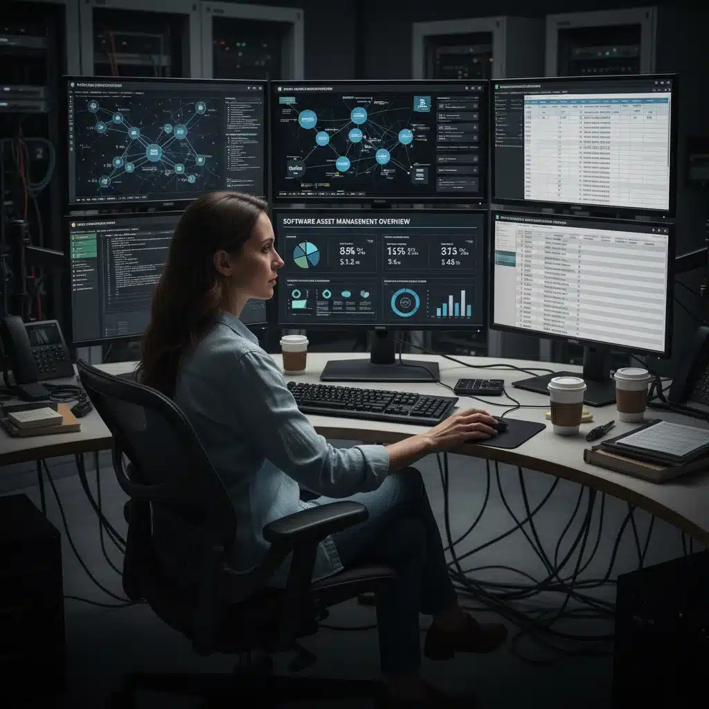 IT professional monitoring software applications on multiple screens.