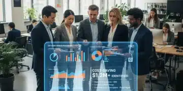Professionals analyzing software vendor data on a large screen, focusing on cost reduction strategies.