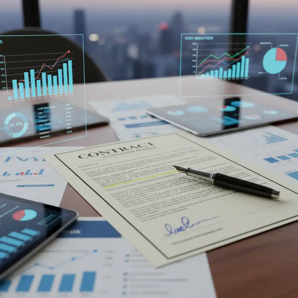 Contract document with pen and financial charts, representing vendor negotiation.