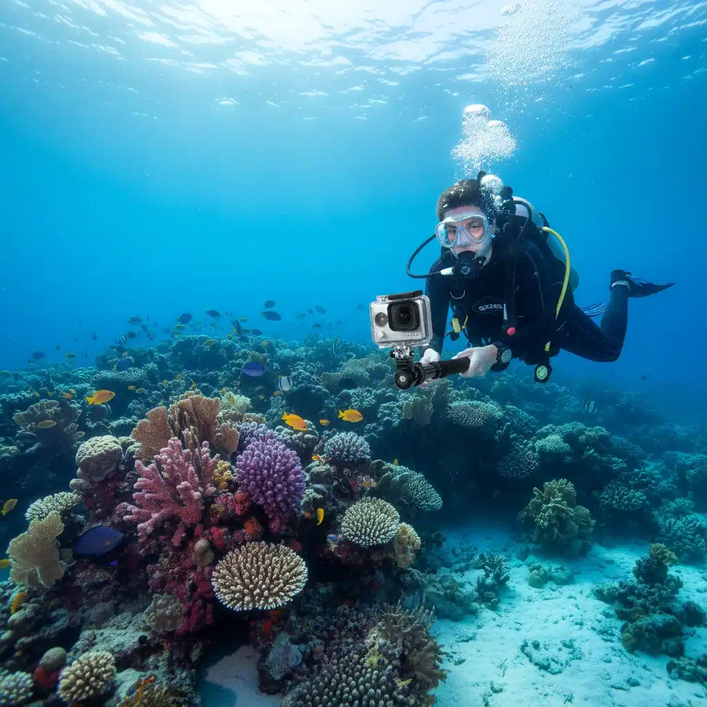 Underwater action camera capturing vibrant coral reef and marine life.