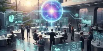 Futuristic office with AI interfaces, symbolizing enhanced business efficiency through technology.