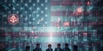 Futuristic digital landscape with US AI ethics frameworks