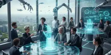 Professionals collaborating in a futuristic office with AI technology, illustrating the evolving AI job market and automation roles.