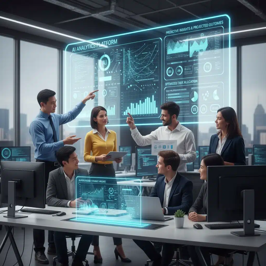 Team leveraging AI for project management and data-driven insights in software development.
