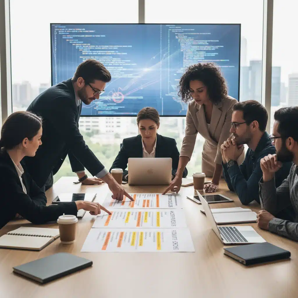 AI developers and legal experts reviewing regulatory documents