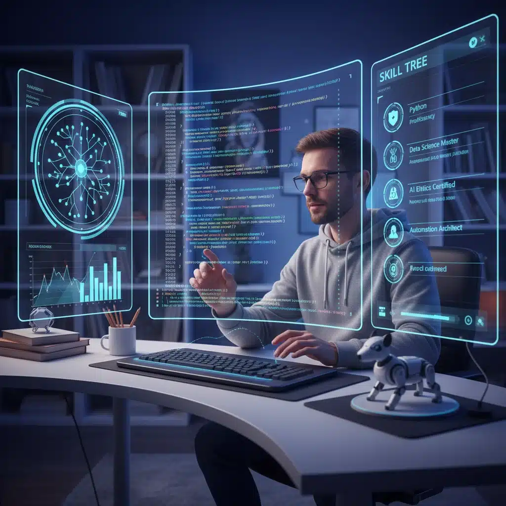 Individual learning AI and automation skills on a laptop, emphasizing continuous professional development.