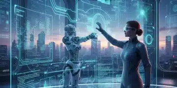 AI-powered software development team collaborating on a futuristic project, showcasing efficiency and innovation.