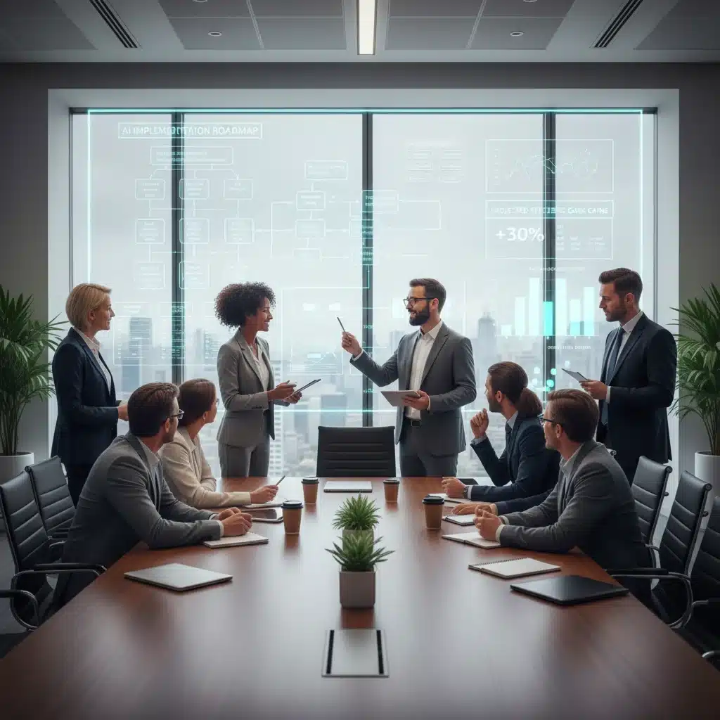 Business leaders strategizing AI implementation and efficiency gains in a modern boardroom.