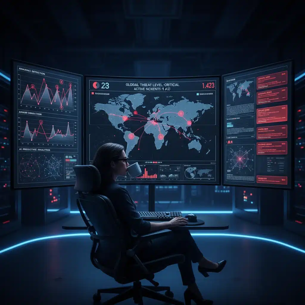 AI-powered threat intelligence dashboard showing real-time data and anomaly detection.