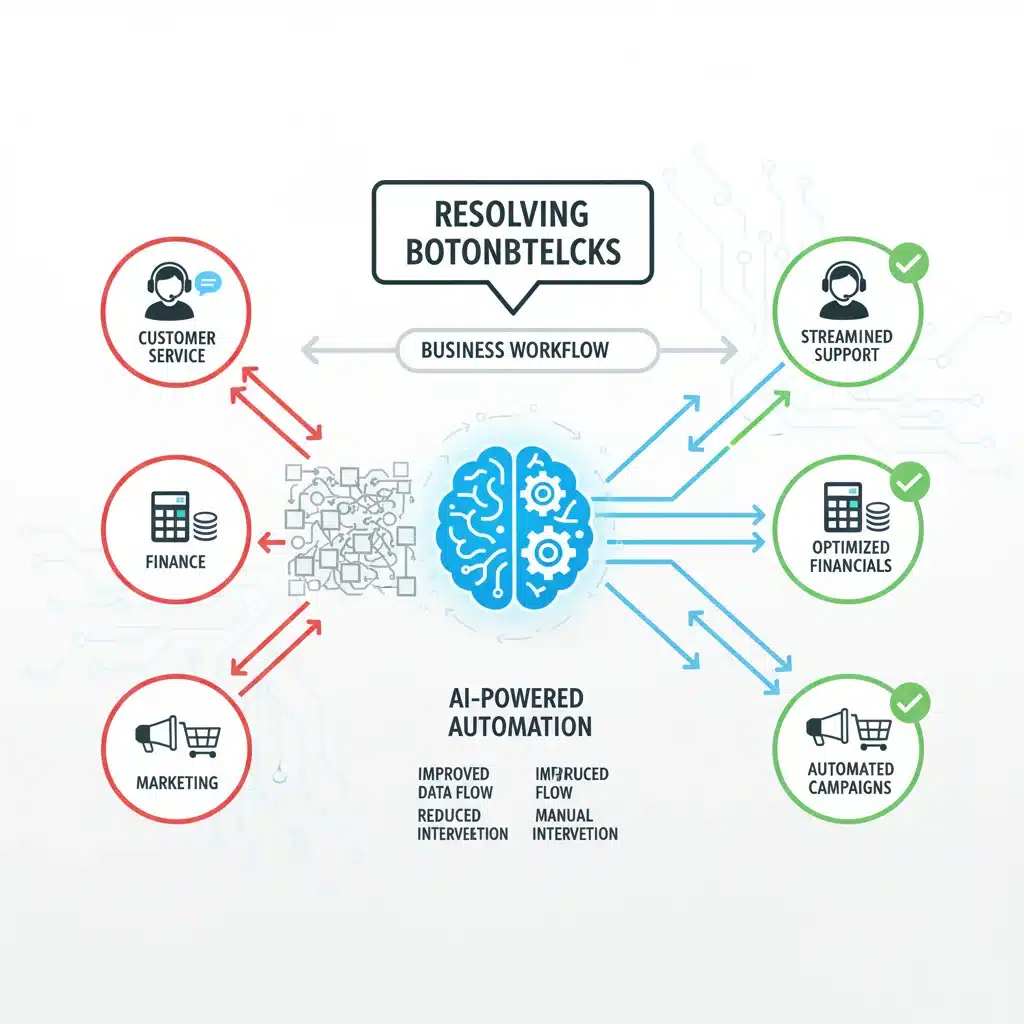 Infographic depicting AI-powered workflow automation resolving business bottlenecks.