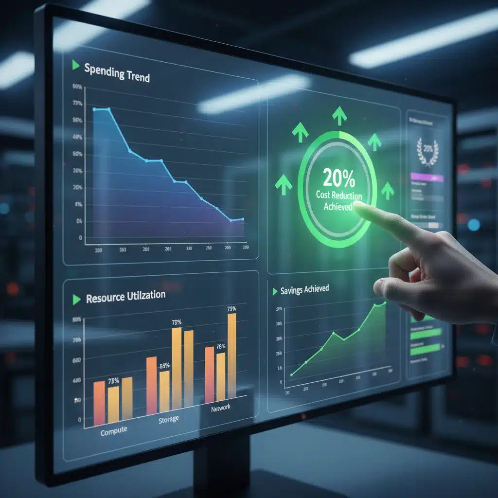Cloud cost optimization dashboard showing IT savings and resource utilization