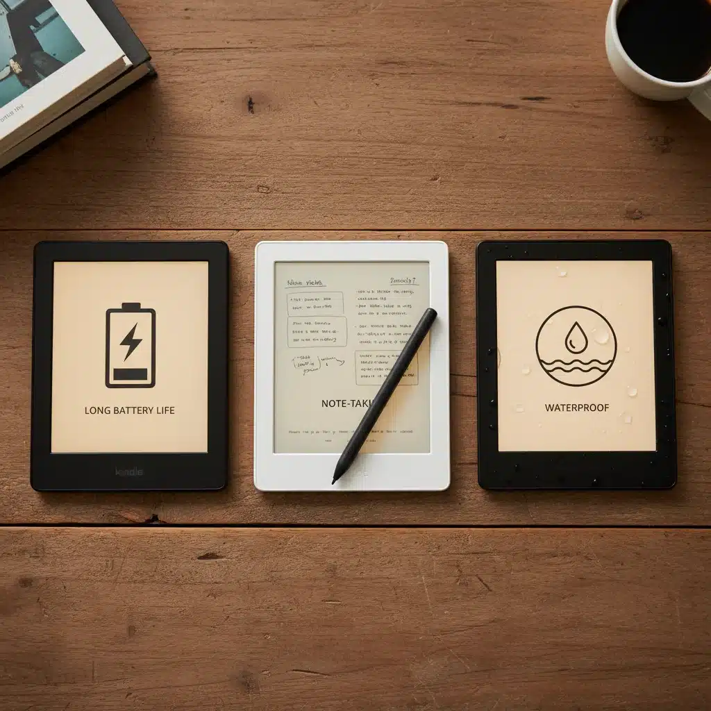 Comparison of three e-readers highlighting battery, stylus, and waterproofing