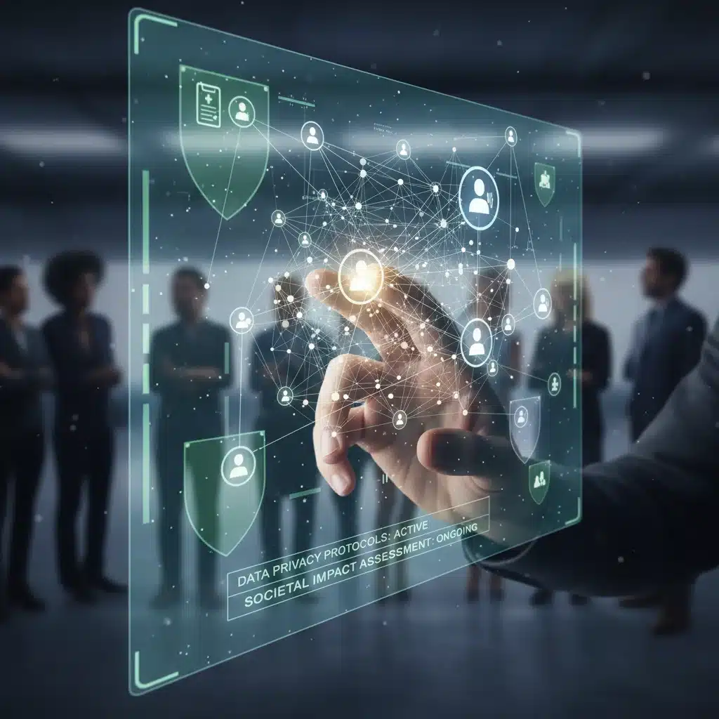 Ethical AI development with interconnected data points and human interaction, highlighting responsible AI.