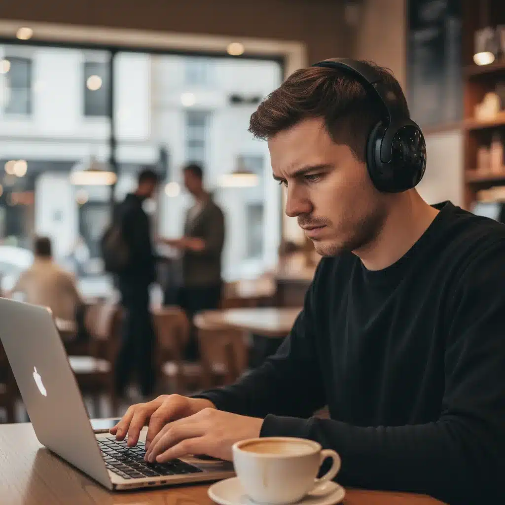 Person concentrating with noise-canceling headphones in a busy coffee shop environment.