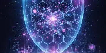 Futuristic digital shield protecting data network with AI elements, representing advanced cybersecurity solutions.