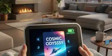 Futuristic e-reader displaying book cover with long battery life indicator in modern home