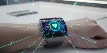 Futuristic smartwatch with health metrics on display, representing advanced wearable technology.