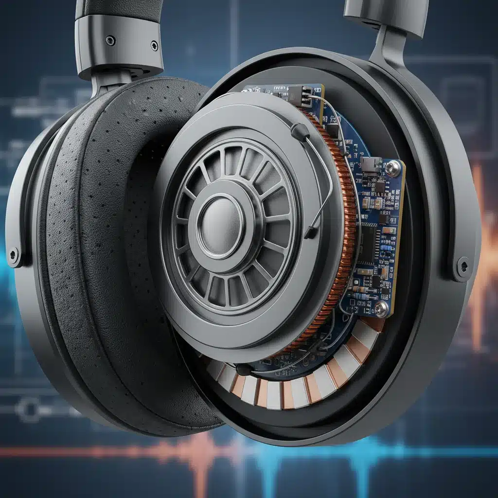 Detailed internal view of a noise-canceling headphone ear cup, showcasing advanced audio technology.