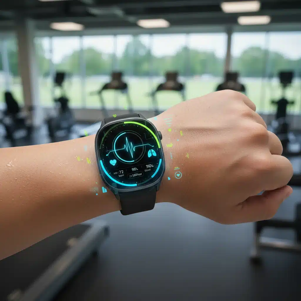Smartwatch on wrist showing real-time biometric health data in a fitness setting.