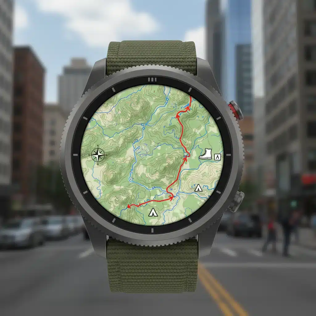 Smartwatch displaying detailed navigation map for urban exploration.