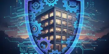 Digital shield protecting a small business office, representing enhanced cybersecurity frameworks for SMBs in 2026.