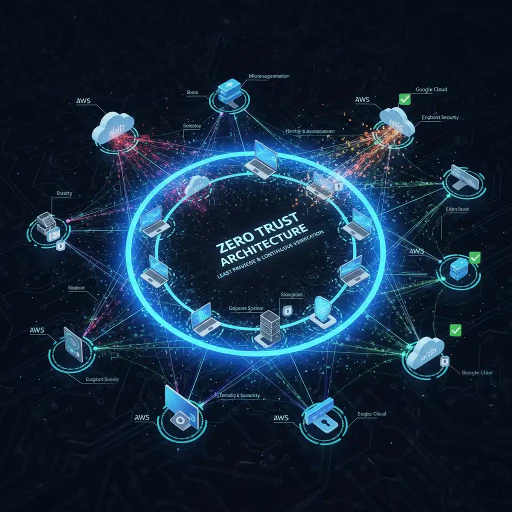 Intricate network diagram illustrating a zero-trust architecture with continuous verification.